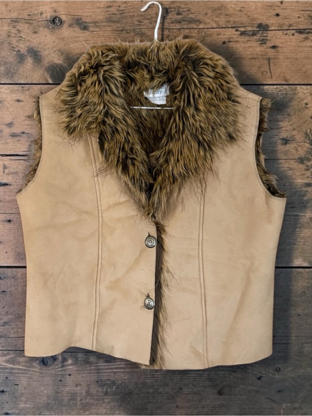 Vintage Tan Suede Cropped Vest with Faux Fur Collar and Lining